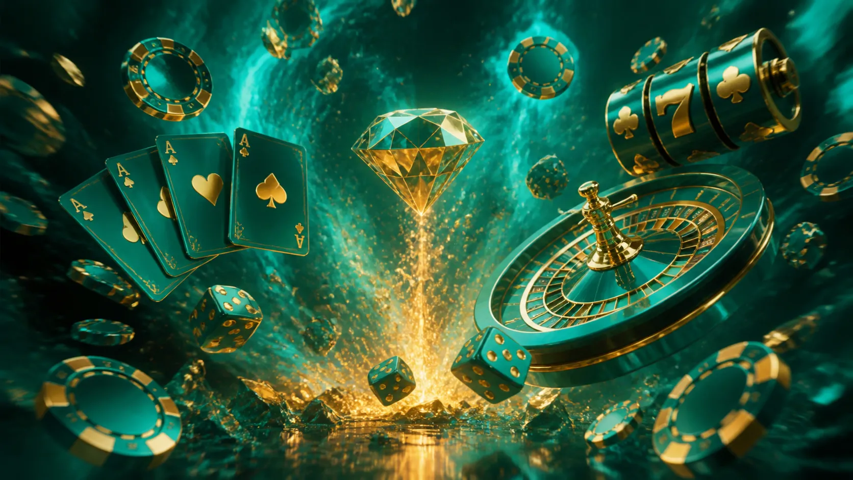 A cinematic hero banner featuring a luxurious explosion of casino elements, inspired by the Luckyboom brand. Vibrant colors a
